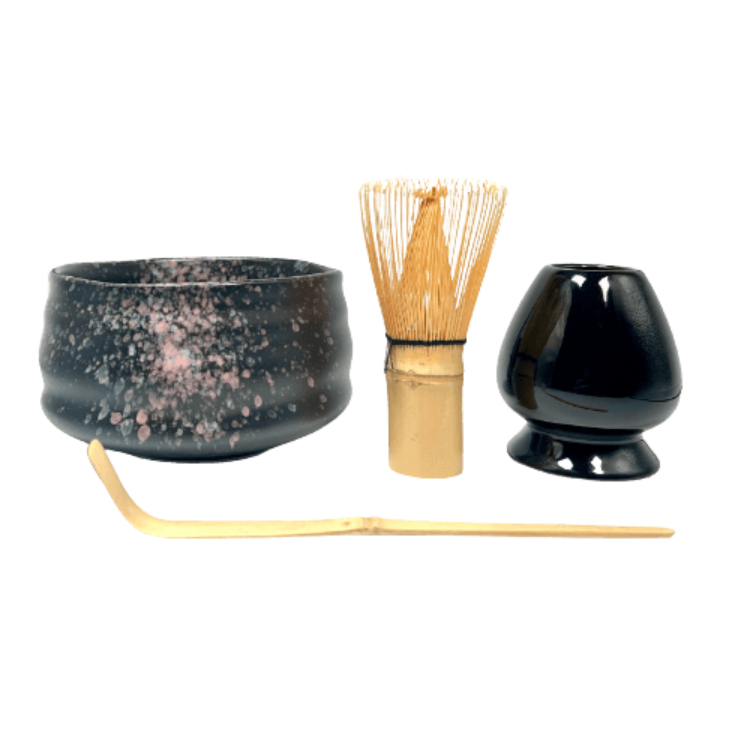 Kit Matcha Noir Éléganterie 4 Pièces (Bol Céramique Noir, Fouet Chasen, Cuillère & Support)